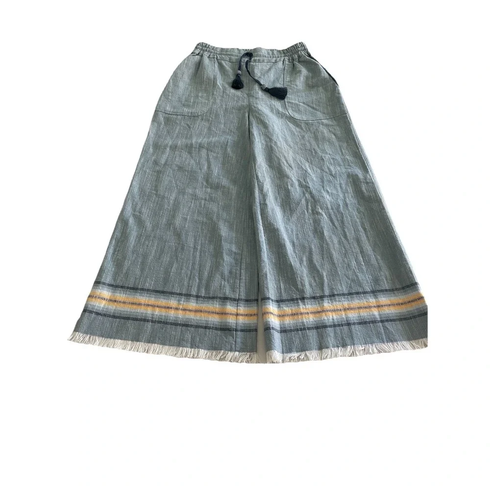Womens Blue Striped Cropped Pants Elastic Waist Drawstring Tassel Frayed Hem - Picture 10 of 10